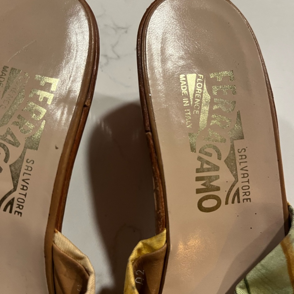 Salvatore Ferragamo Multicolor Silk Knot Wedge Slides - Green, Yellow, Brown - Picture 2 of 8